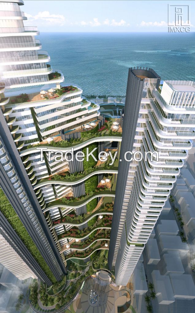 3D architectural rendering-Bird view and eye level view rendering