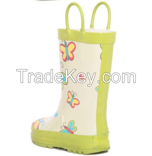 Kids butterfly rain boots, white and green and cheap rain shoes and comfortable and safty rain boots