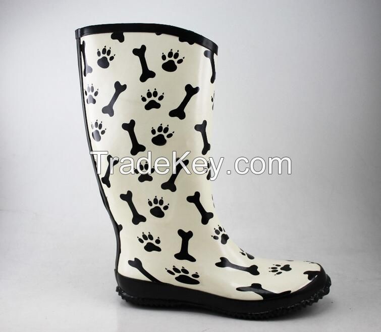 New Fashion printing bone and dog's paw chic rubber boots for ladies