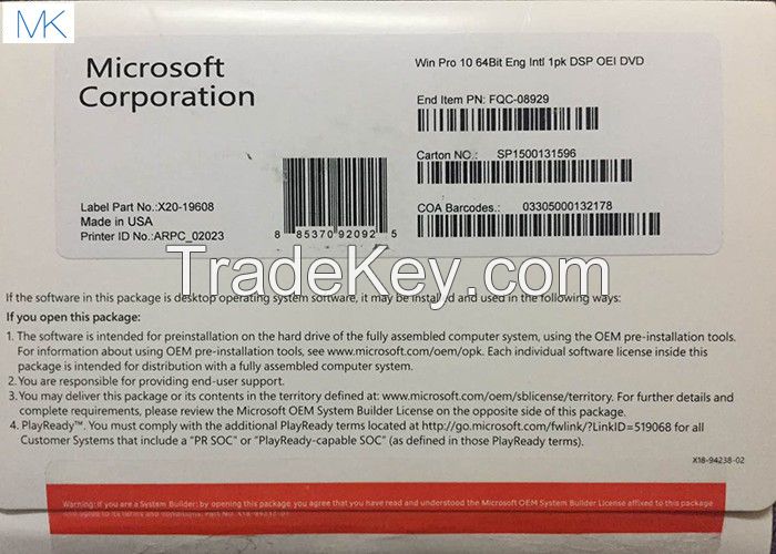 Original Windows 10 Pro OEM 1 DVD & Key Code License DHL Free Shipping