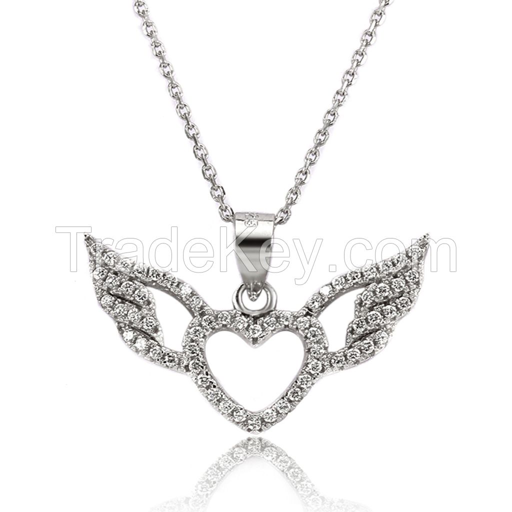 2017 New Arrivals 925 Silver Angel Wing Necklace Pendant for Women Micro Setting Jewelry Necklace for Christmas Gift
