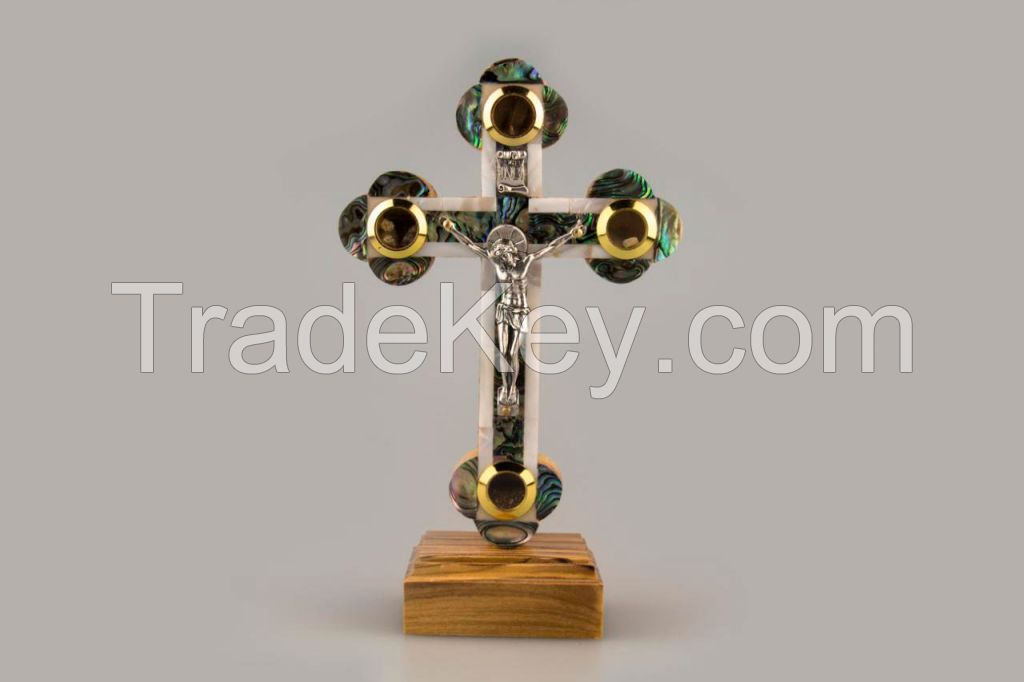 Mother of Pearl Olive Wood Cross on Stand
