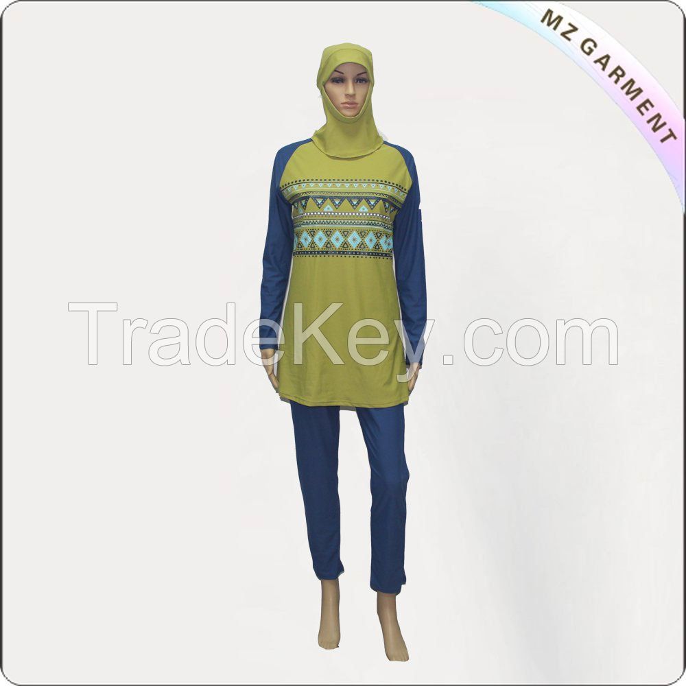 Blue Long Sleeve Muslim Swimwear With Yellow Printing