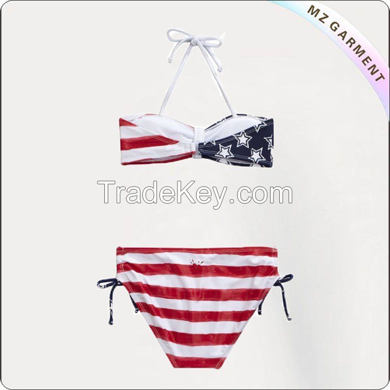 Kids Red Striped With Navy Star Bikini