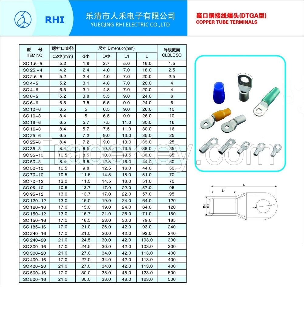 Tinned cable terminal lug , ring copper tube terminal cable lug