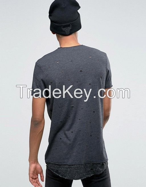 TUSK- Longline T-Shirt With Distress And Stripe Hem Extender