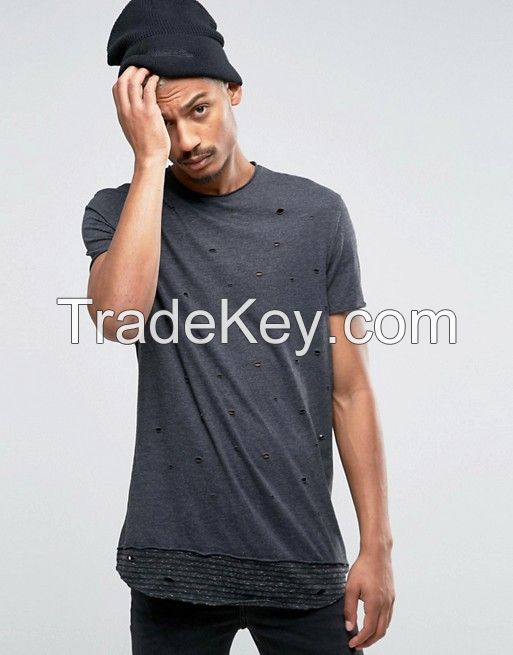 TUSK- Longline T-Shirt With Distress And Stripe Hem Extender