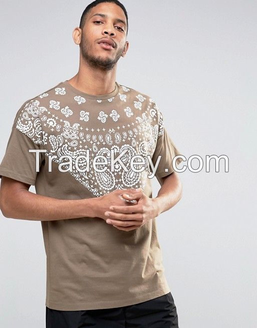 TUSK- Oversized Longline T-Shirt With Bandana Yoke Print In Brown