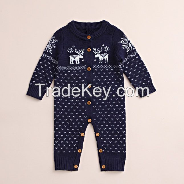 Christmas Baby Sweater Jumpsuits Xmas Newborn Babies Deer Buttons Rompers Bodysuits Infants Toddlers Cotton Woolen Warm Jumpsuits For 0-2T