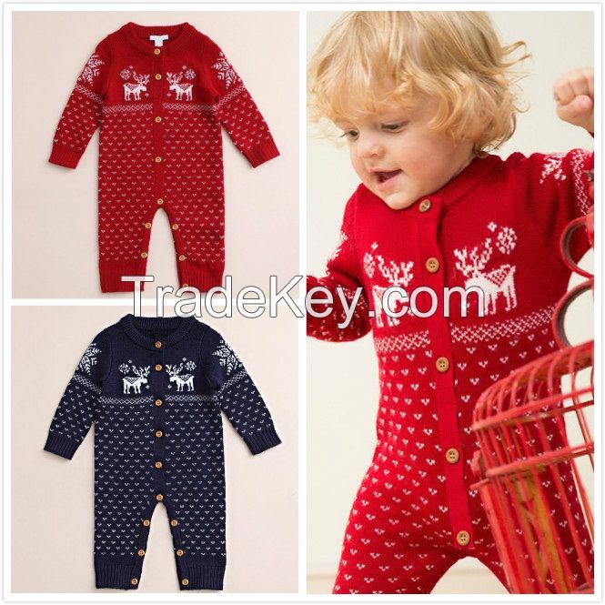 Christmas Baby Sweater Jumpsuits Xmas Newborn Babies Deer Buttons Rompers Bodysuits Infants Toddlers Cotton Woolen Warm Jumpsuits For 0-2T