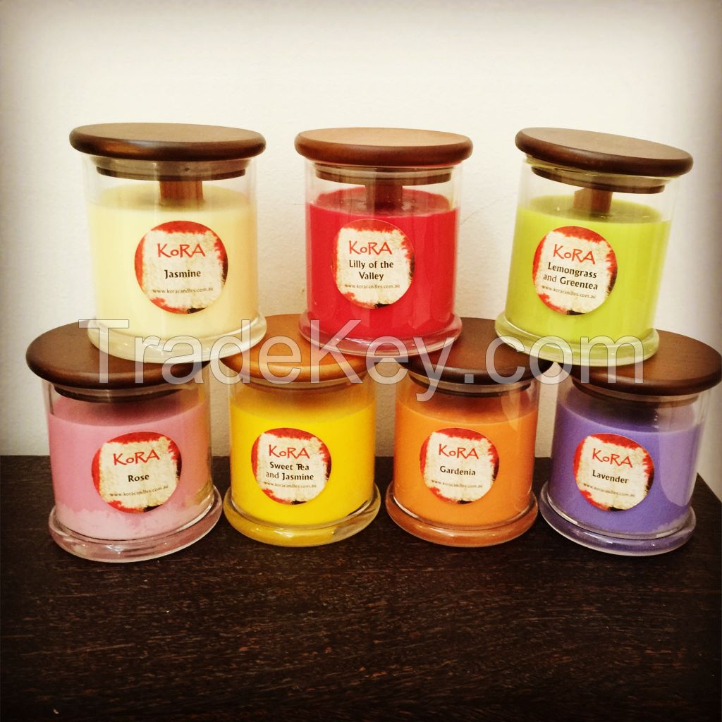 Scented Soy Candles in Glass Jar with wooden wicks and wooden lids