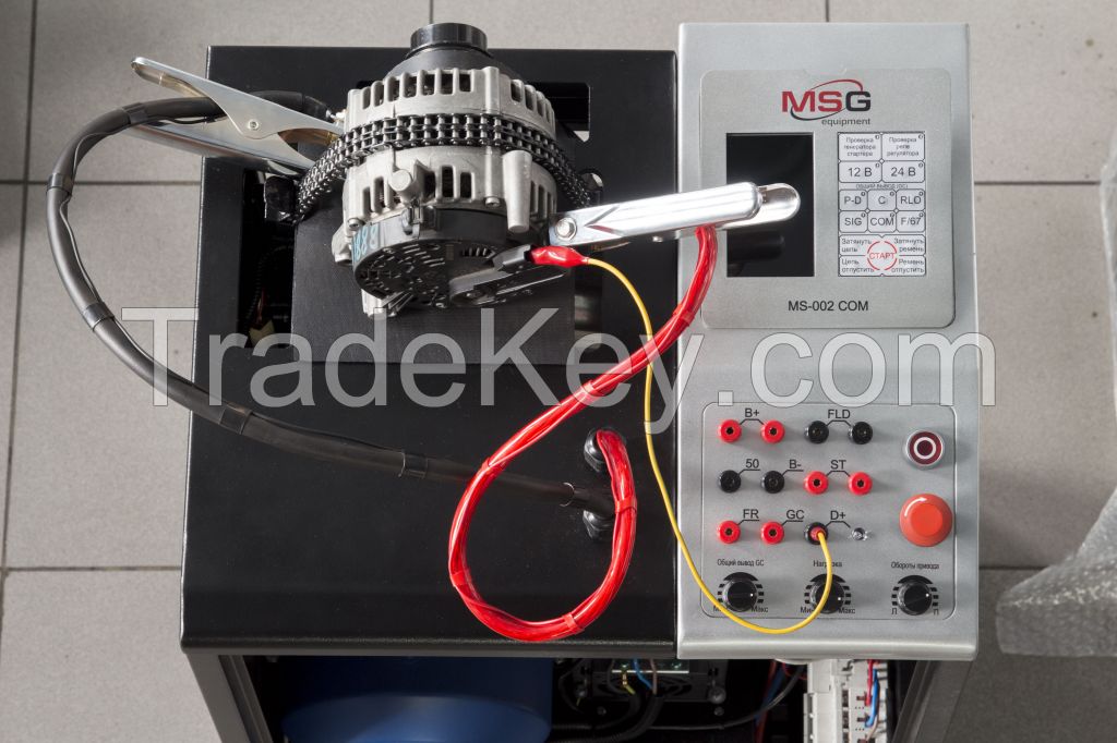 Test bench MSG MS002 COM for diagnostics of 12 V and 24 V alternators through load simulation of current consumers up to 200 A or 100 A, correspondingly