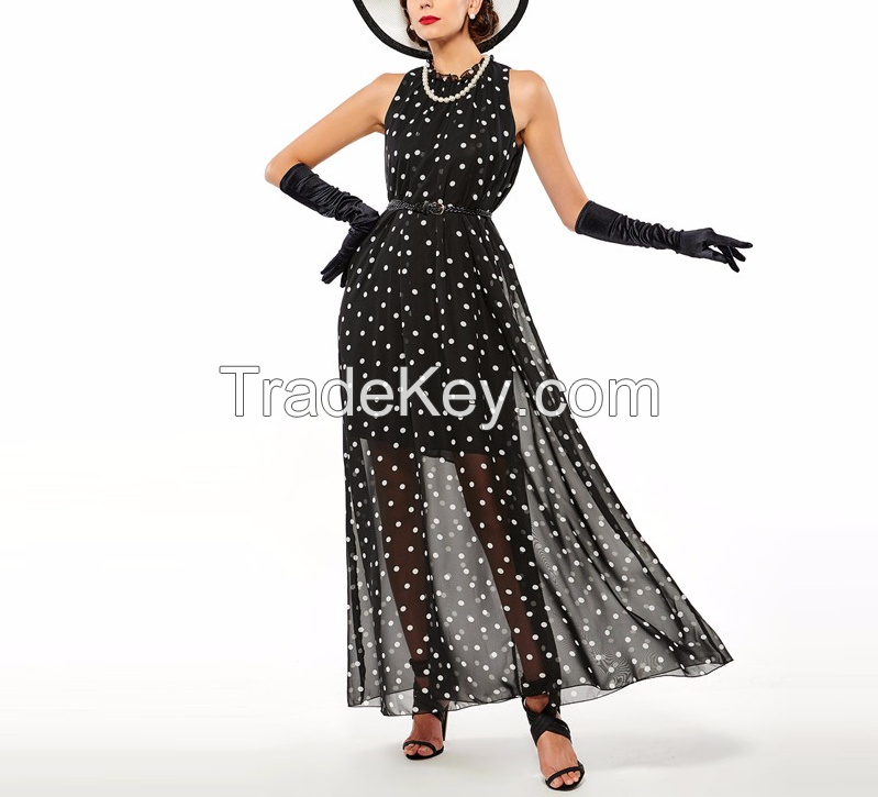 2016 Fashion Women's polka dots Maxi dress long Casual Summer Beach Chiffon Party Dresses style cheap vestidos de festa