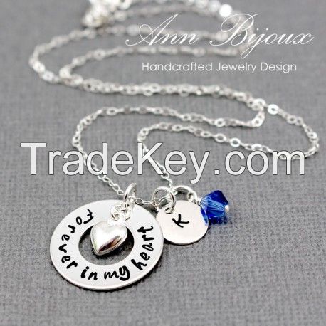Customized Hand Stamped Initial with Birthstone Necklace