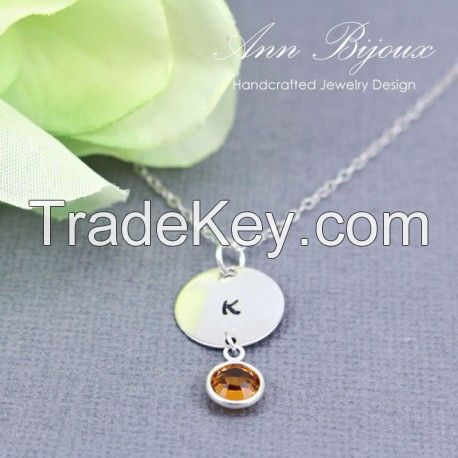 Customized Hand Stamped Initial with Birthstone Necklace