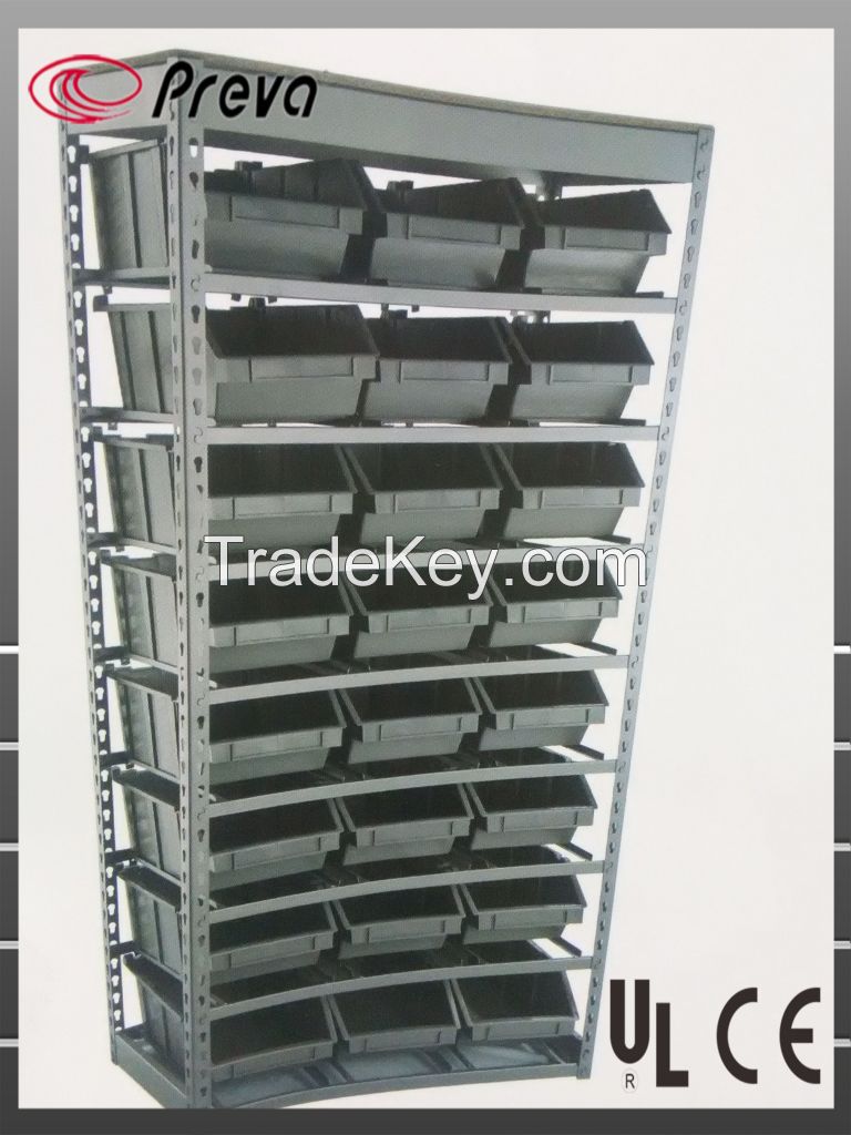 metal bin rack with 24 stackable boxes