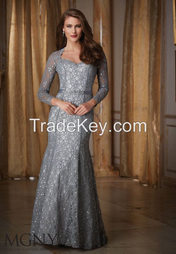 Lace Applique Long Sleeve Evening Dress