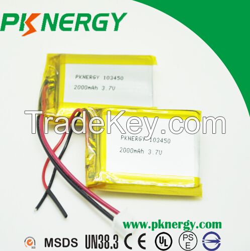 Hot Selling 3.7V 2000mAh 103450 Lipo Battery Rechargeable Battery Li Ion Battery Cell with Un38.3