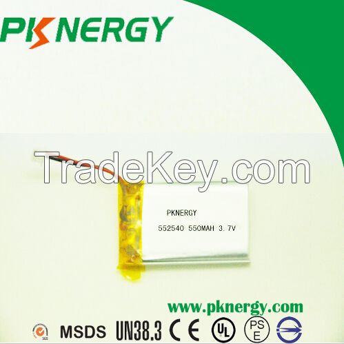 Customized Ultra Thin Lipo Rechargeable Batteries 552540 3.7V 550mAh Lithium Polymer Battery