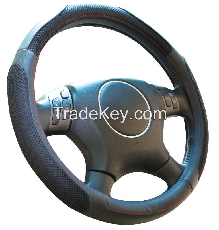 Black beige orange genuine leather and mesh Car steering wheel cover universal 15 inch