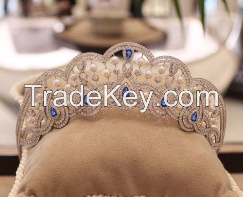 21.42ct NATURAL DIAMOND SAPPHIRE 14K WHITE GOLD WEDDING ANNIVERSARY TIARA