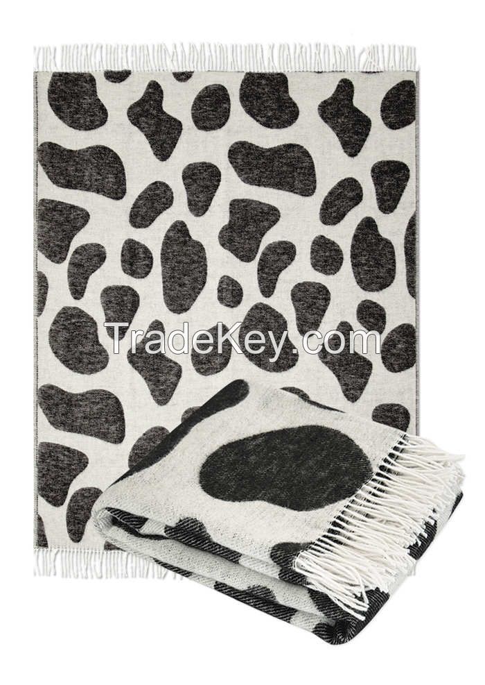 Wool  Throw Blanket with fringe  55x79â (Twin) in jacquard animal design, Medium Weight, made in Europe By Yaroslav Mill.