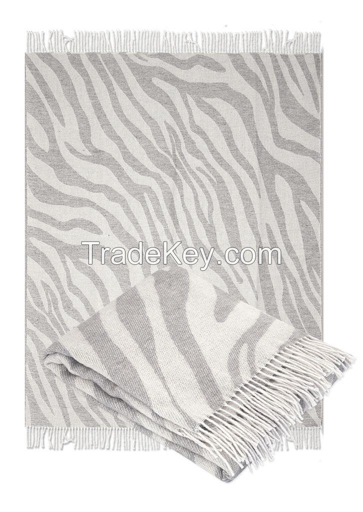 Wool  Throw Blanket with fringe  55x79 (Twin) in jacquard animal design, Medium Weight, made in Europe By Yaroslav Mill.