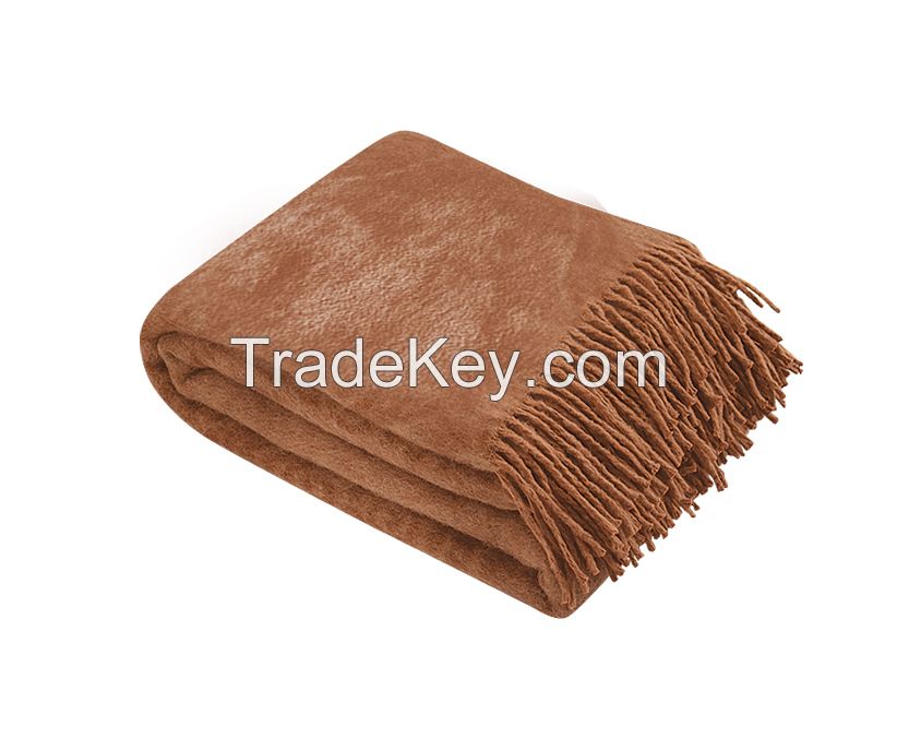 Vintage Camel Wool Throw Blanket with fringe  55x79â€ (Twin) in Jacquard Camel pattern, Medium Weight, made in Europe By Yaroslav Mill.