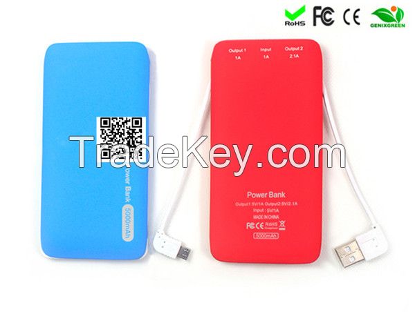 new 2014 polymer slim power banks 5000mah built-in cable