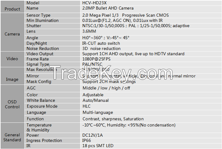 IP66 2.0MP Waterproof Ahd IR Bullet CCTV Camera Outdoor