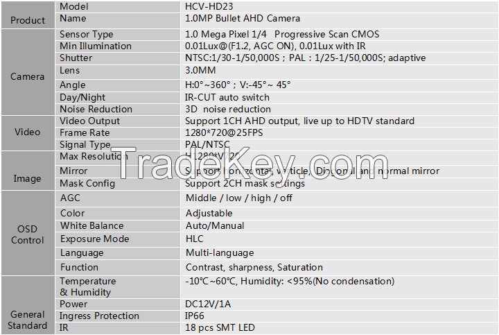 1.0 Megapixel Waterproof AHD IR Bullet CCTV Camera IP66