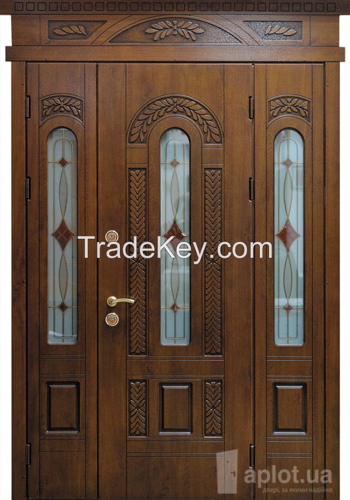 Metal exterior doors, decorated with MDF and ceramic plates