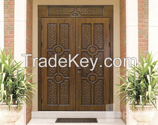 Metal exterior doors, decorated with MDF and ceramic plates