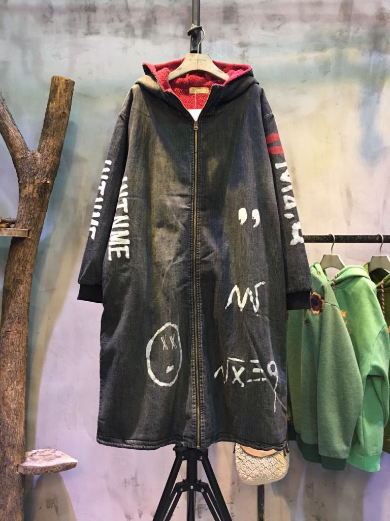 New Arrival Doodle Print Fashion Denim Coat Korean Hooded Black Overcoat