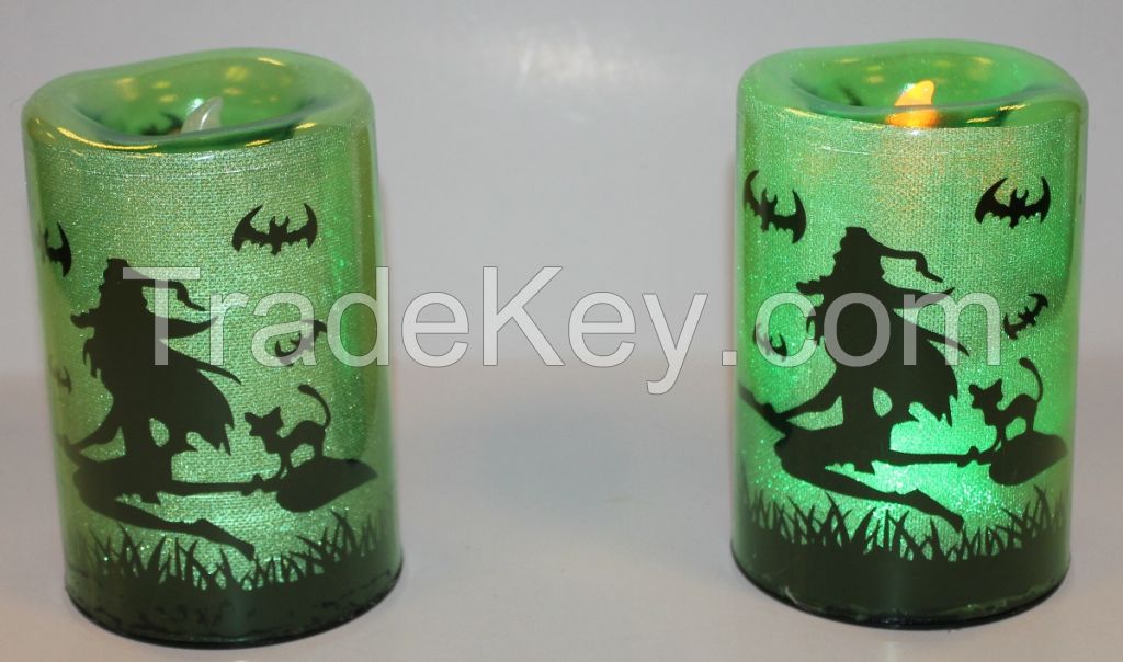 Halloween Decoration B/O 4.5" LED Tea Lights, Printng Witch with orange Flickering LED