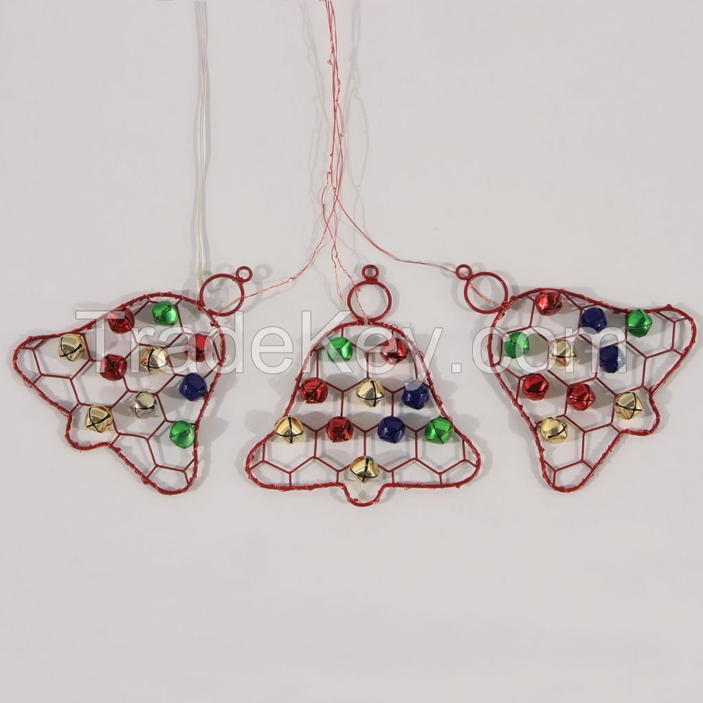 Christmas Decorative 7" SMD wire forms in Christmas Bell style with hanging Hemp-Rope, 45 SMD white LED