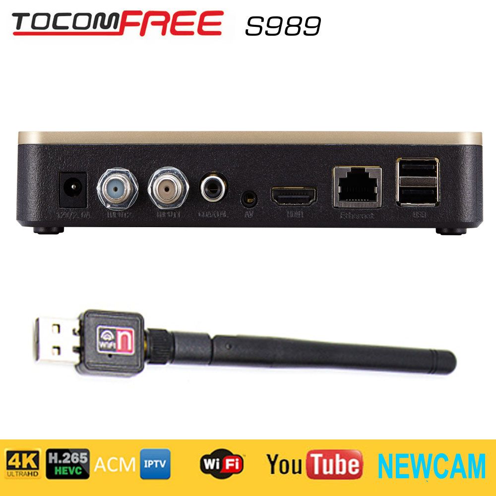 2016 FTA high definition digital satellite TV receiver Tocomfree s989 with iptv iks sks free newcam H.265 twin tuner for south America