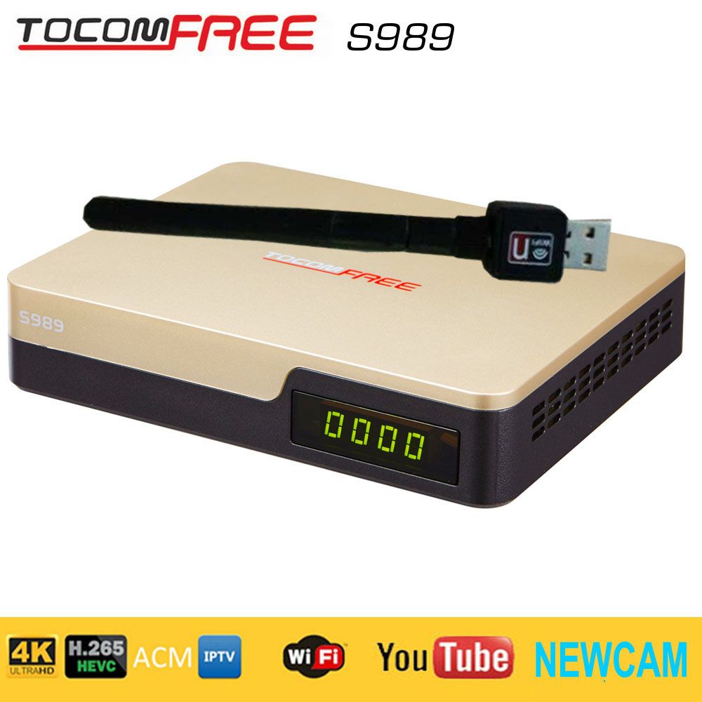 2016 FTA high definition digital satellite TV receiver Tocomfree s989 with iptv iks sks free newcam H.265 twin tuner for south America