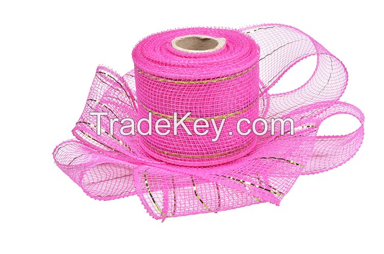 2.5"*10y dark pink turquoise strip pp deco mesh ribbon for 50C04M38R2-5