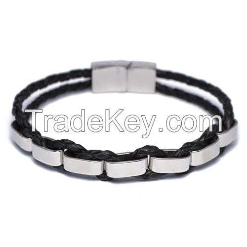 Braided Black Leather Stainless Steel Bracelet