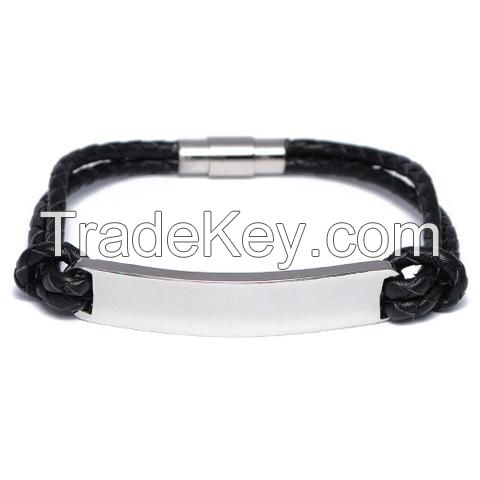 Black Braided Leather ID Bracelet
