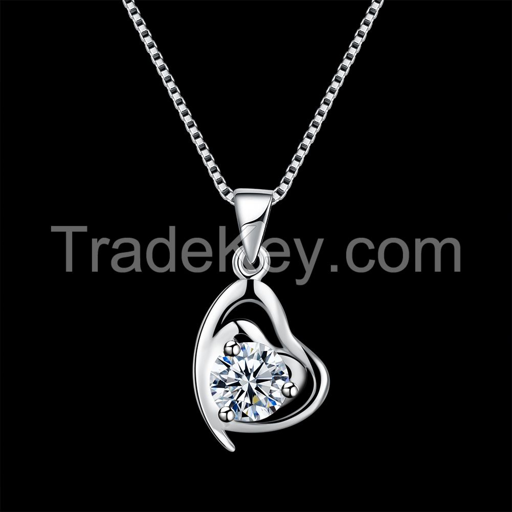link chain S925 sterling silver zircon stone heart pendant women's jewellery charm necklace