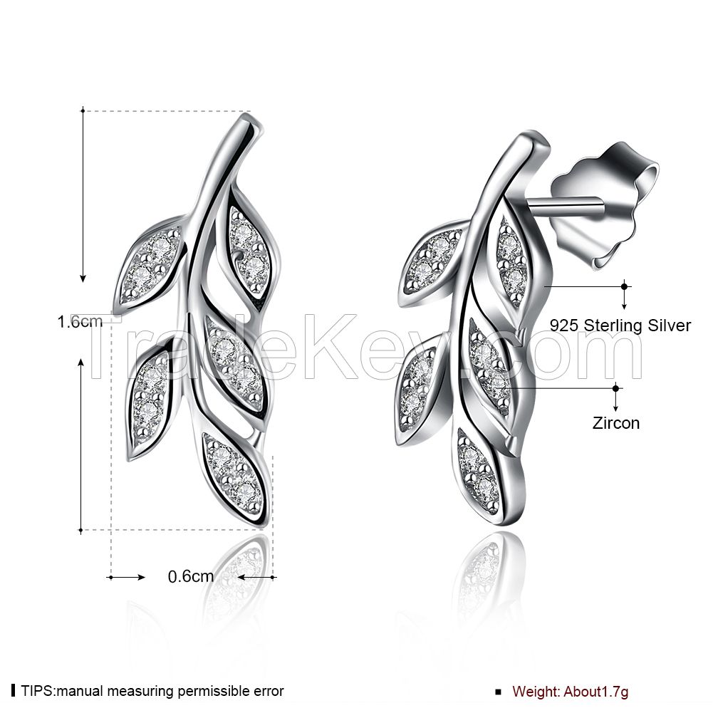 Fashion Nail Type Zircon Stone Leaf Style Women's 925 Sterling Silver Earring