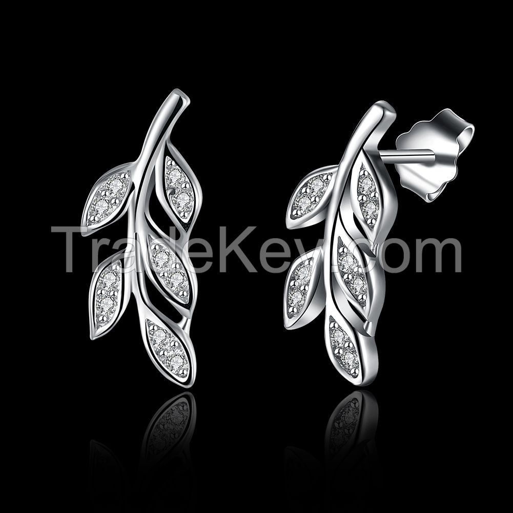 fashion nail type zircon stone leaf style women's 925 sterling silver earring