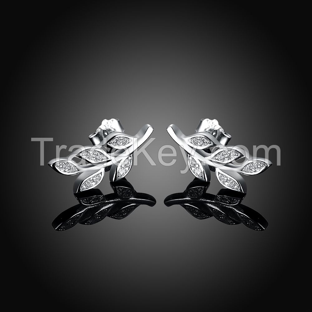 fashion nail type zircon stone leaf style women's 925 sterling silver earring