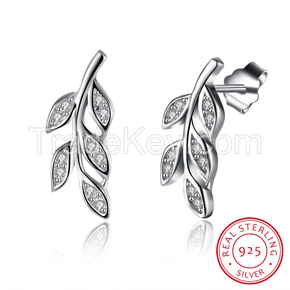 Fashion Nail Type Zircon Stone Leaf Style Women's 925 Sterling Silver Earring