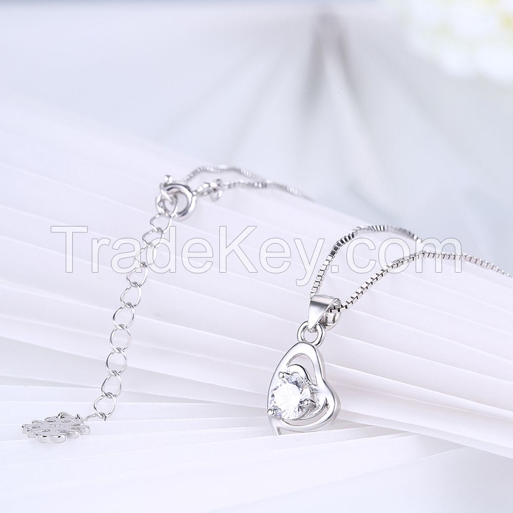 link chain S925 sterling silver zircon stone heart pendant women's jewellery charm necklace