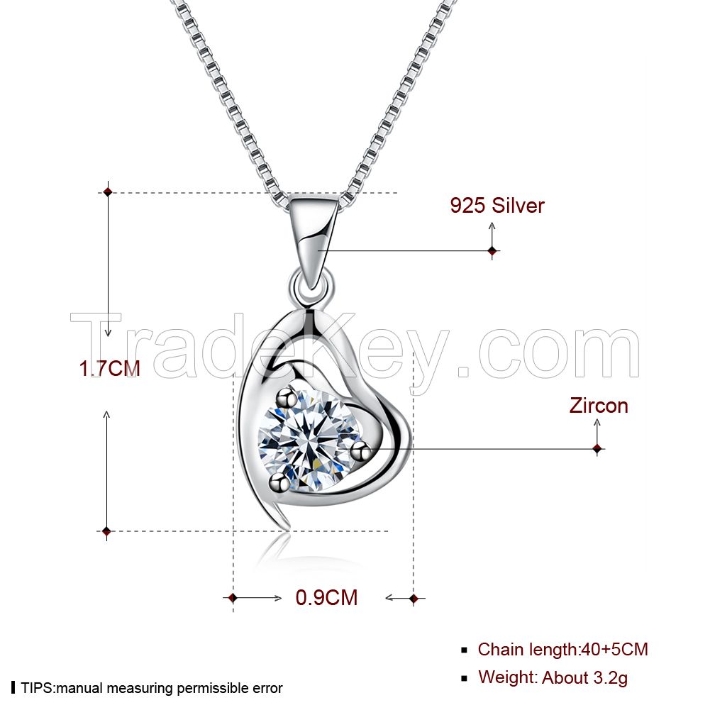 Link Chain S925 Sterling Silver Zircon Stone Heart Pendant Women's Jewellery Charm Necklace