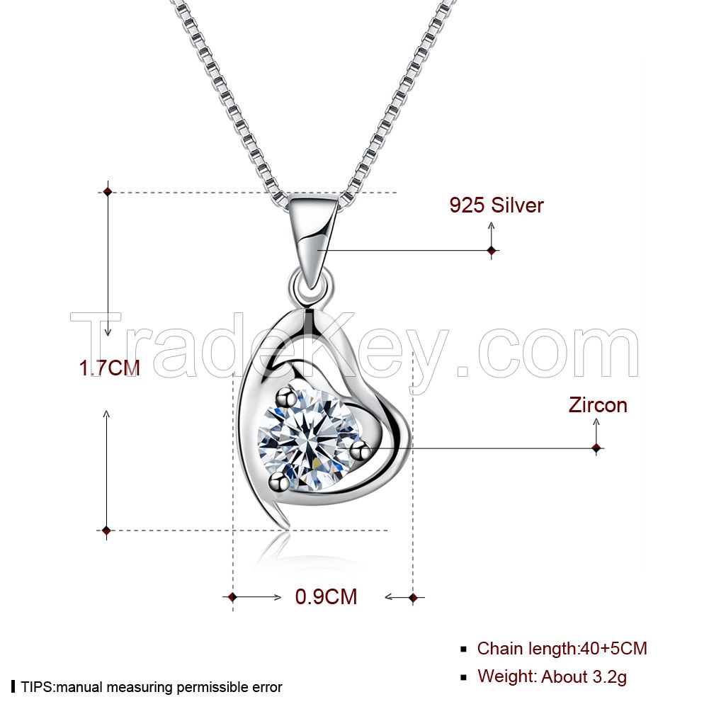 link chain S925 sterling silver zircon stone heart pendant women's jewellery charm necklace