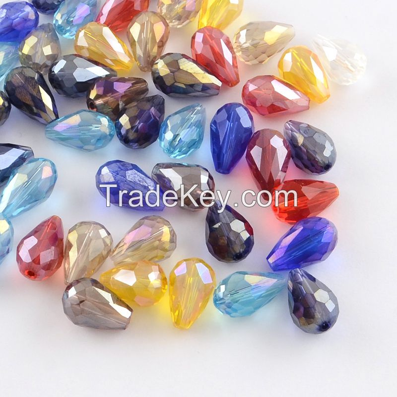 AB-Color Plated Drop Glass Beads, Faceted, Mixed Color, 7~8x6mm, Hole: